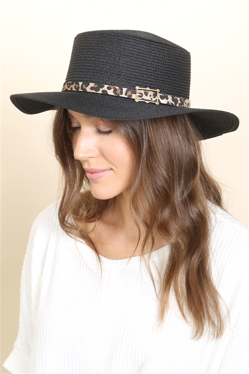 S17-10-6-HDT3585BK - PANAMA BRIM HAT WITH LEOPARD BUCKLE ACCENT - BLACK/6PCS