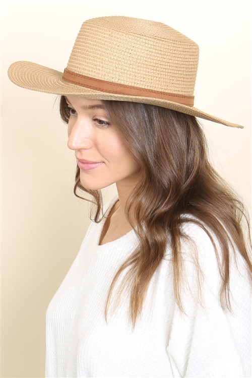 S23-6-5-HDT3586BR - PANAMA BRIM HAT WITH LETHER STRAP ACCENT - BROWN/6PCS
