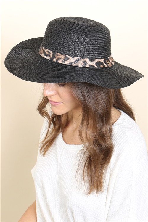 S18-6-5-HDT3593BK - PANAMA BRIM HAT WITH LEOPARD STRAP ACCENT - BLACK/6PCS