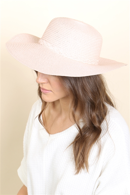 S25-3-5-HDT3594LPK - PANAMA BRIM SUMMER HAT WITH BRAIDED ACCENT- LIGHT PINK/6PCS (NOW $1.75 ONLY!)