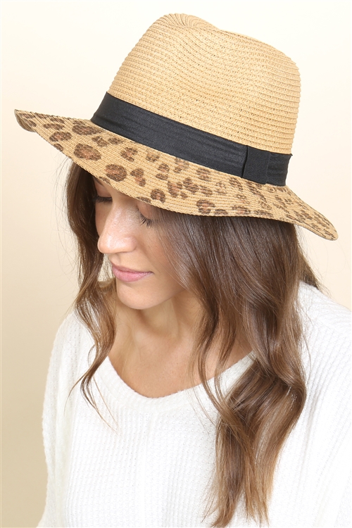 S18-7-6-HDT3597BR - PANAMA BRIM SUMMER HAT WITH LEOPARD PRINT - BROWN/6PCS