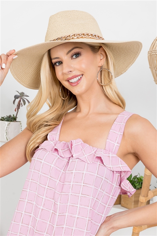 S1-1-1-HDT3598IV - PANAMA BRIM SUMMER HAT WITH CHAIN ACCENT - IVORY/6PCS