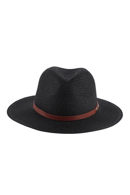 C-1-HDT3599BK - PANAMA BRIM SUMMER HAT WITH LEATHER STRAP - BLACK/6PCS