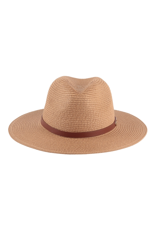S1-P9 HDT3599BR - PANAMA BRIM SUMMER HAT WITH LEATHER STRAP - BROWN/6PCS