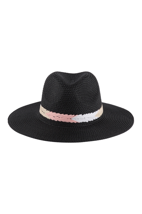 A1-1-1-HDT3600BK - PANAMA BRIM SUMMER HAT WITH BRAIDED STRIPE ACCENT- BLACK/6PCS