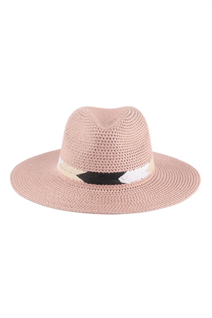 S16-10-1-HDT3600LPK - PANAMA BRIM SUMMER HAT WITH BRAIDED STRIPE ACCENT- LIGHT PINK/6PCS