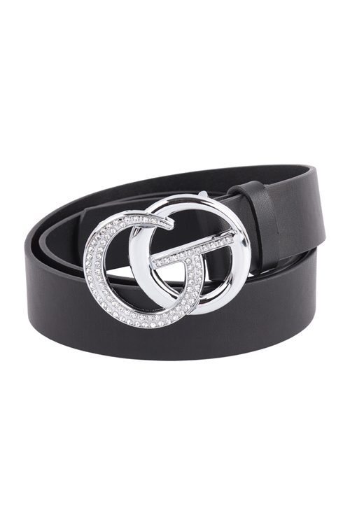 S28-3-1-HDT3711BK - GO RHINESTONE BUCKLE FASHION LEATHER BELT - BLACK/6PCS