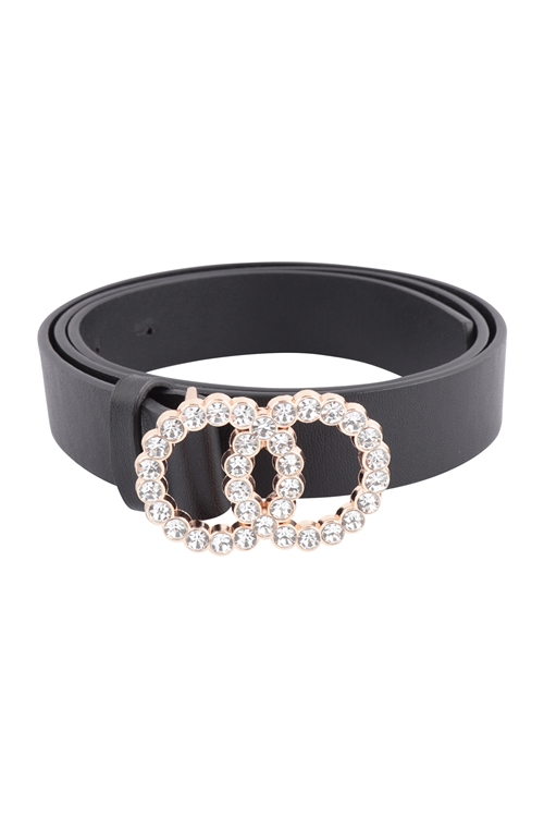 S29-7-2-HDT3712BK-1 - DOUBLE CIRCLE RHINESTONE BUCKLE FASHION LEATHER BELT - BLACK/1PC