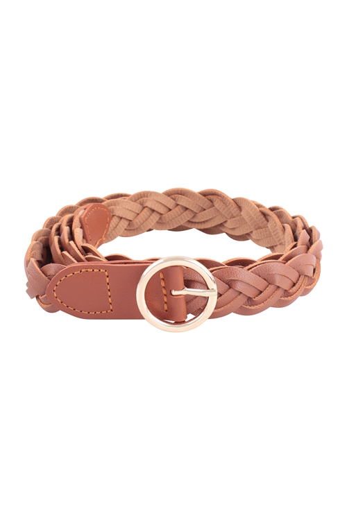 S27-1-3-HDT3716BR - CIRCLE BUCKLE BRAIDED FASHION LEATHER BELT - BROWN/6PCS