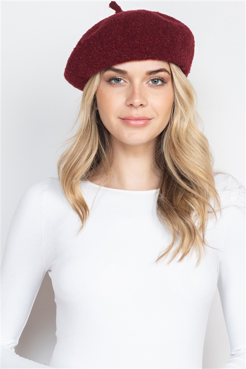 S2-8-5-HDT3729BU-1 - FLEECE ACRYLIC BERET HAT - BURGUNDY/1PC