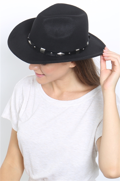 S20-5-5-HDT3788BK - FELT FASHION BRIM HAT W/ LEATHER STRAP & DIAMOND STUDS-BLACK/6PCS (NOW $3.50 ONLY!)