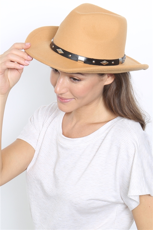 S19-5-5-HDT3788CA - FELT FASHION BRIM HAT W/ LEATHER STRAP & DIAMOND STUDS-CAMEL/6PCS (NOW $3.50 ONLY!)