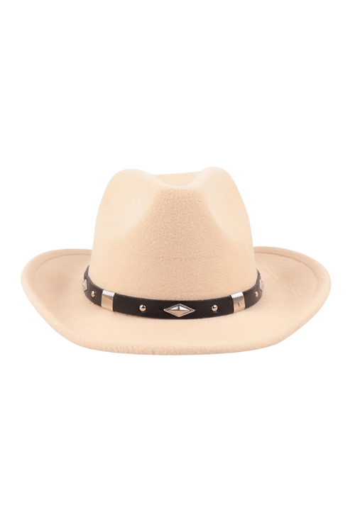 S20-4-5-HDT3788IV - FELT FASHION BRIM HAT W/ LEATHER STRAP & DIAMOND STUDS-IVORY/6PCS (NOW $3.50 ONLY!)