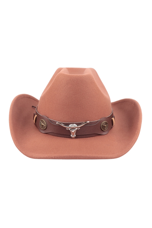 S18-8-6-HDT3790BR - FELT FASHION BRIM HAT W/ LEATHER STRAP & BULL ACCENT-BROWN/6PCS