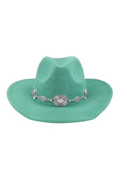 S8-11-1-HDT3792DGR - FELT FASHION BRIM HAT W/ CHAIN WESTERN ACCENT-DARK GREEN/6PCS