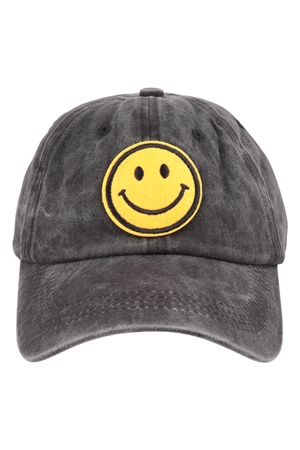 S3-4-1-HDT3796BK-1 - SMILEY LOGO ACID WASHED TEXTURED FASHION FASHION CAP-BLACK/1PC