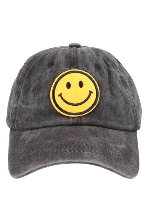 S3-4-1-HDT3796BK - SMILEY LOGO ACID WASHED TEXTURED FASHION FASHION CAP-BLACK/6PCS