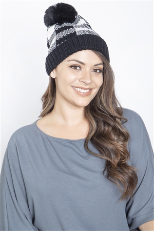 S22-7-6-HDT3819BK - BUFFALO PLAID  POMPOM KNIT BEANIE-BLACK/6PCS (NOW $1.75 ONLY!)