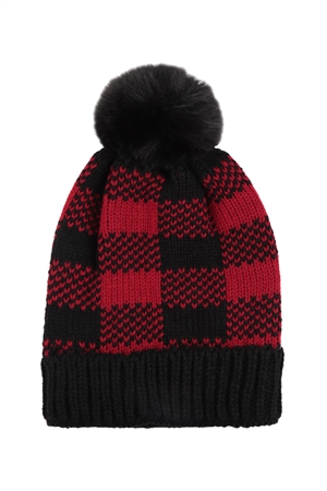 S22-7-6-HDT3819RD - BUFFALO PLAID  POMPOM KNIT BEANIE-RED/6PCS (NOW $1.75 ONLY!)