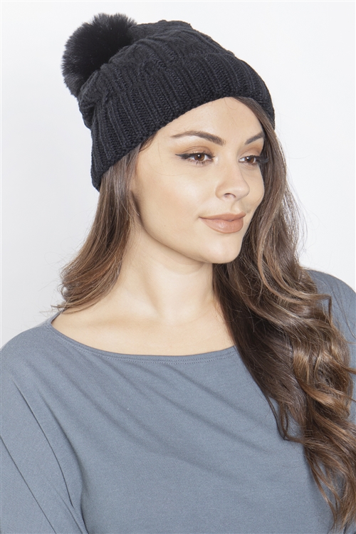 S22-10-6-HDT3821BK - CHAIN RIB KNIT PATTERN BEANIE-BLACK/6PCS