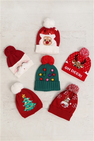 S3-7-2-HDT3973 - CHRISTMAS HOLIDAY ASSORTED DESIGNS POMPOM BEANIE-MULTICOLOR/6PCS (NOW $3.25 ONLY!)