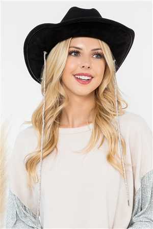 S29-3-1-HDT4023BK - FEDORA FASHION BRIM HAT WITH GLITTER RHINESTONE LACE-BLACK/6PCS (NOW $7.75 ONLY!)