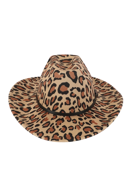 S4-6-6-HDT4056-2 - LEOPARD PRINT FEDORA HAT WITH LEATHER BAND-LIGHT BROWN/6PCS