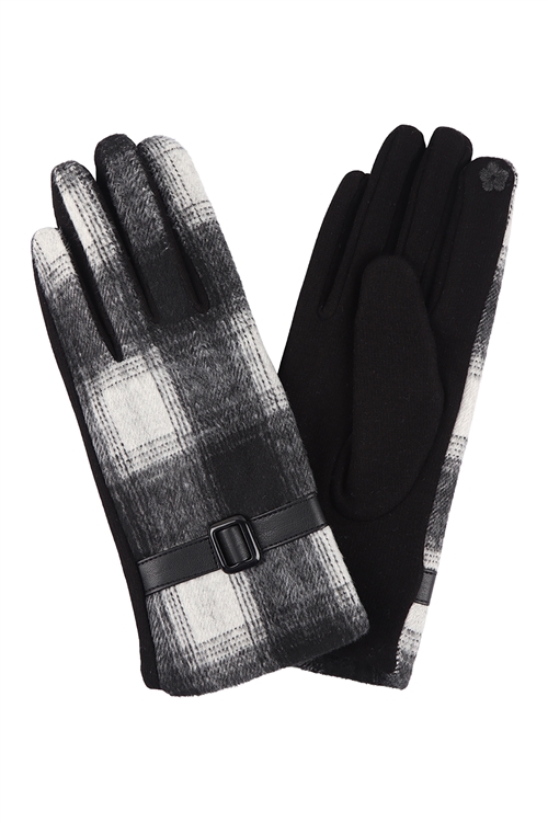 S27-4-4-HDV3451BK - PLAID SMART TOUCH GLOVES  W/ LEATHER STRAP - BLACK/6PCS