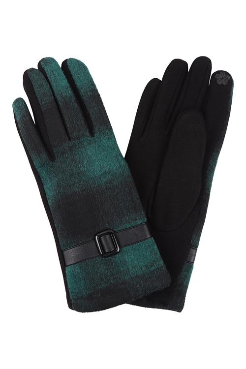 S27-4-4-HDV3451GR - PLAID SMART TOUCH GLOVES  W/ LEATHER STRAP - GREEN/6PCS