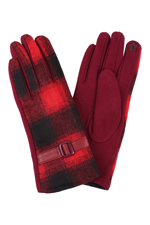 S27-4-4-HDV3451RD - PLAID SMART TOUCH GLOVES  W/ LEATHER STRAP - RED/6PCS