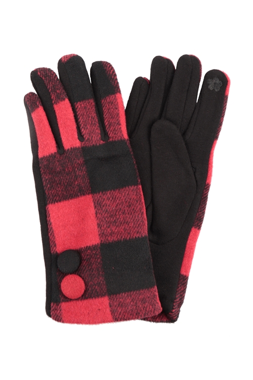 S20-3-4-HDV3822RD - BUFFALO PLAID SMART TOUCH W BUTTON GLOVES-RED/6PCS (NOW $2.75 ONLY!)