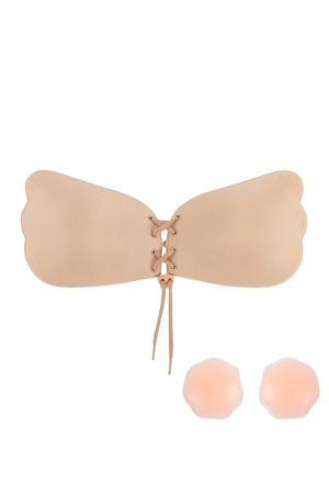 S25-8-1-HDX3968BG/B - WING SHAPE ROPE PULL REUSABLE STRAPLESS NU BRA WITH NIPPLE TAPE(CUP B)-BEIGE/3SETS