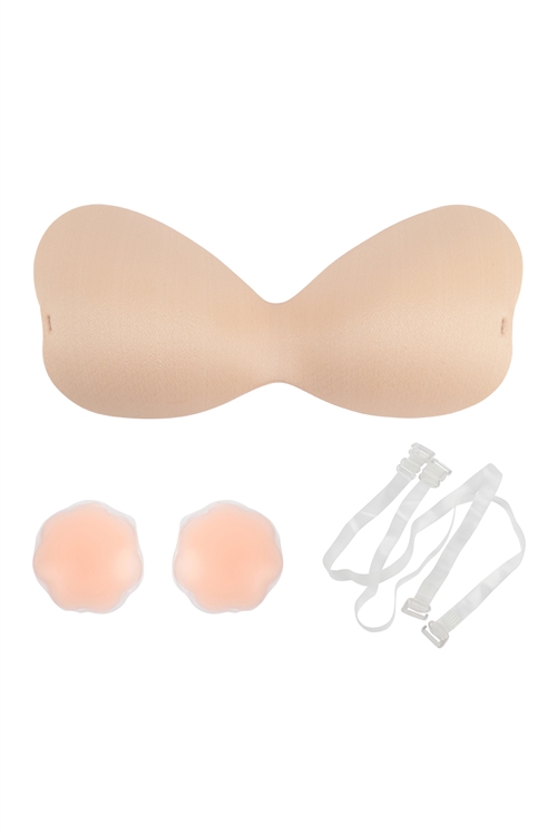 S17-1-2-HDX3969BG/A - ONE PIECE ADHESIVE SILICONE RESUSABLE NU BRA WITH NIPPLE TAPE AND TRANSPARENT STRAP(CUP A)-BEIGE/3SETS