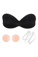 S25-8-1-HDX3969BK/B - ONE PIECE ADHESIVE SILICONE RESUSABLE NU BRA WITH NIPPLE TAPE AND TRANSPARENT STRAP(CUP B)-BLACK/3SETS