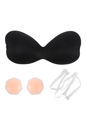 S25-8-1-HDX3969BK/B - ONE PIECE ADHESIVE SILICONE RESUSABLE NU BRA WITH NIPPLE TAPE AND TRANSPARENT STRAP(CUP B)-BLACK/3SETS