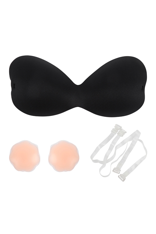 S19-5-3-HDX3969BK/D - ONE PIECE ADHESIVE SILICONE RESUSABLE NU BRA WITH NIPPLE TAPE AND TRANSPARENT STRAP(CUP D)-BLACK/3SETS