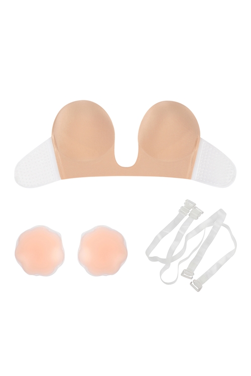 S18-2-1-HDX3971BG/D- STRAPLESS PUSH UP ADHESIVE NU BRA WITH NIPPLE TAPE AND TRANSPARENT STRAP (CUP D)-BEIGE/3SETS