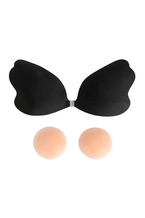 S19-12-4-HDX4065BK/B - BRA CLOTH INVISIBLE WING SHAPE STRAPLESS DOUBLE PUSH UP NU BRA WITH NIPPLE COVER TAPE(CUP B)BLACK/3SETS