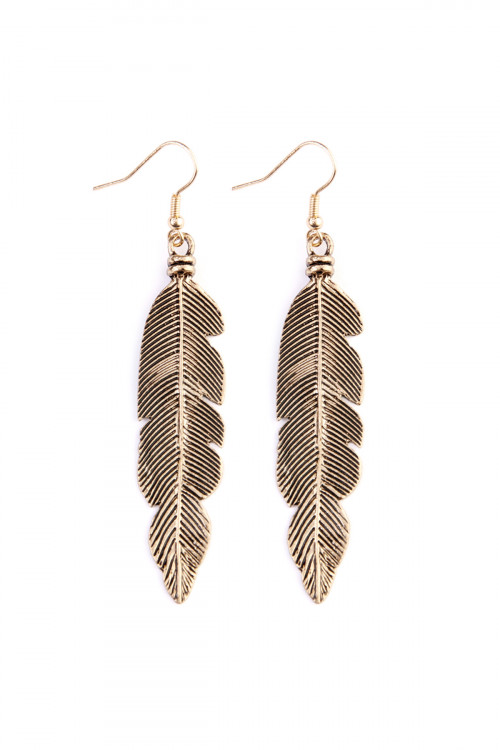 S5-4-4-HE20738G GOLD FEATHER ETCHED DROP EARRINGS/6PAIRS