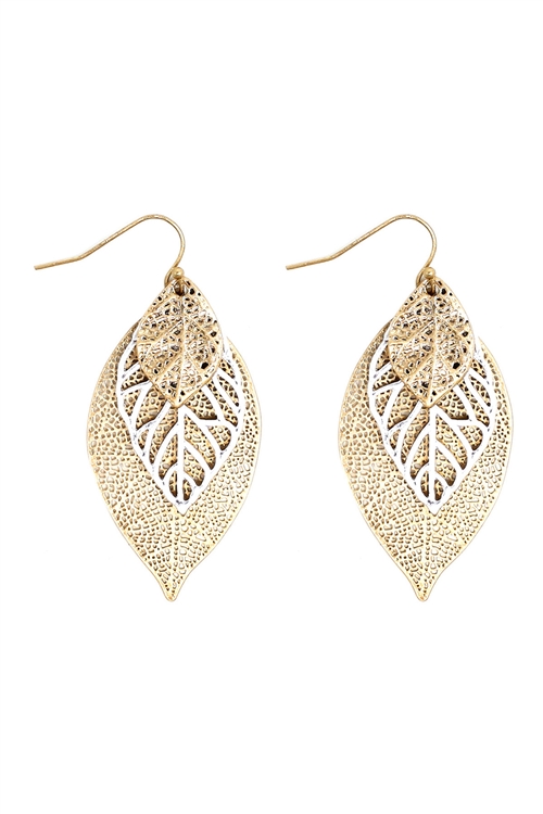 A1-1-5-HE2074WGWS - TWO TONE LEAF FILIGREE EARRINGS - MATTE GOLD MATTE SILVER/6PCS