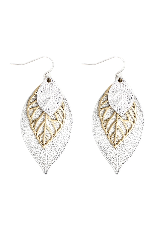 A1-1-5-HE2074WSWG - TWO TONE LEAF FILIGREE EARRINGS - MATTE SILVER MATTE GOLD/6PCS