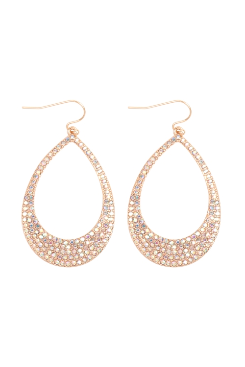 A1-2-3-HE2077GDAB - PAVE RHINESTONE OPEN TEARDROP FISH HOOK EARRINGS-GOLD AB/1PC