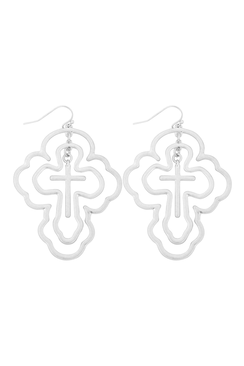 S5-4-1-HE2167WS - TRIPLE LAYER CROSS EARRINGS  - SILVER/6PCS