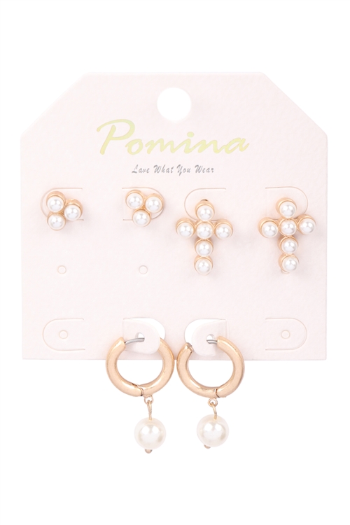 S7-6-3-HE2176WGPR - 3 PAIR HUGGIE PEARL CROSS STUD EARRINGS - MATTE GOLD PEARL/6PCS