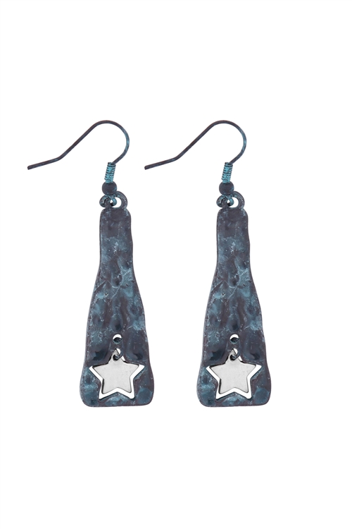 S20-7-3-HE2182PTSB - DANGLING STAR CAST DROP FISH HOOK EARRINGS-TURQUOISE SILVER BURNISH/6PCS