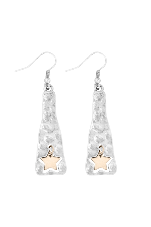 S22-9-3-HE2182SBGB - DANGLING STAR CAST DROP FISH HOOK EARRINGS-SILVER BURNISH GOLD BURNISH/6PCS