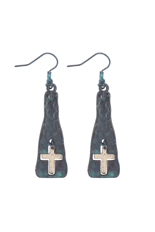 S20-6-2-HE2186PTGB - DANGLING CROSS CAST DROP FISH HOOK EARRINGS- TURQUOISE GOLD BURNISH/6PCS