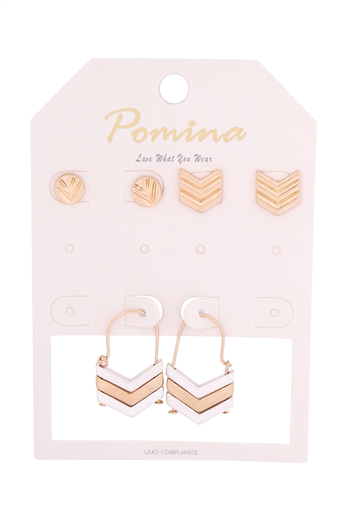 S4-5-3-HE2281WG - MULTI SET CHEVRON EARRINGS - MATTE GOLD/6PCS