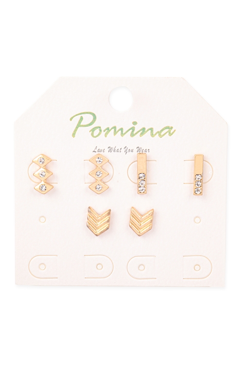 A1-2-2-HE2375WG - 3 PAIRS MULTI CHEVRON BAR CUBIC STUD EARRINGS - MATTE GOLD/6PCS (NOW $ 2.00 ONLY!)