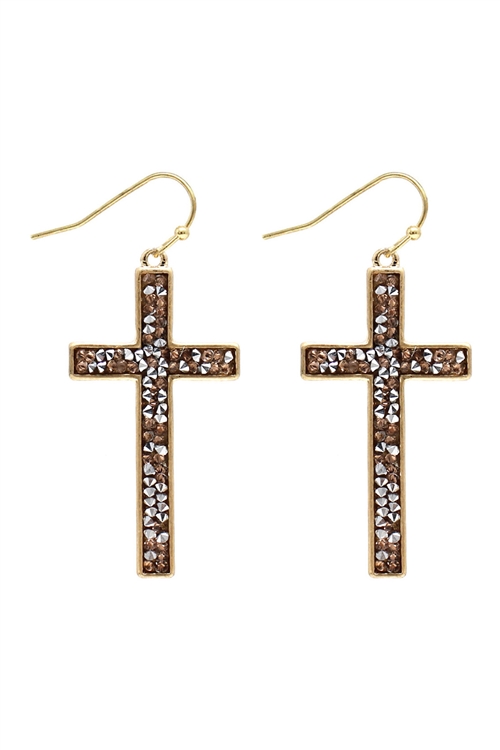 SA3-2-4-HE2487WGCH - GLITTER  STONE CROSS DROP FISH HOOK EARRINGS - MATTE GOLD CHARCOAL/6PCS